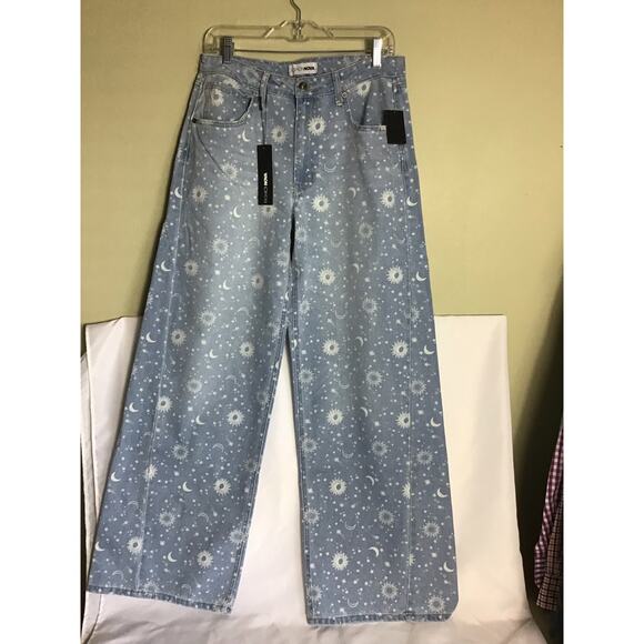 Fashionova Women Baggy Jeans Sz.9 Blue NWT Star Aligning print Jeans boho Y2K - Picture 4 of 9